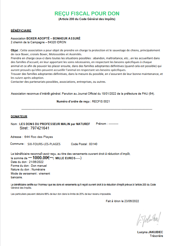 Attestation de don — ASSOCIATION BOXER ADOPTE BONHEUR ASSURE