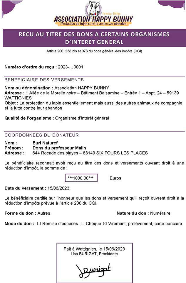 Attestation de don — Happy Bunny