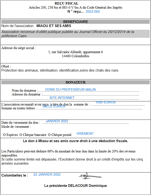 Attestation de don — MIAOU ET SES AMIS