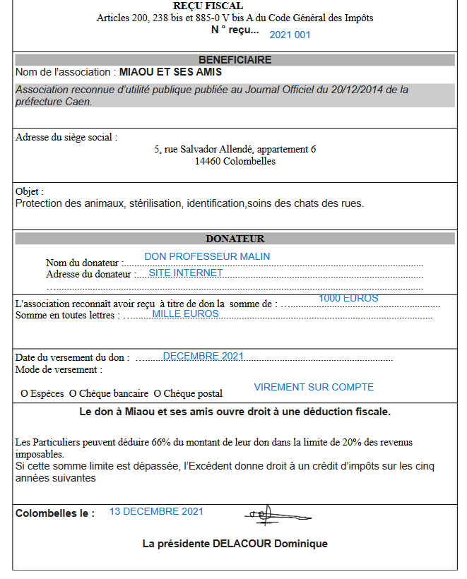Attestation de don — MIAOU ET SES AMIS