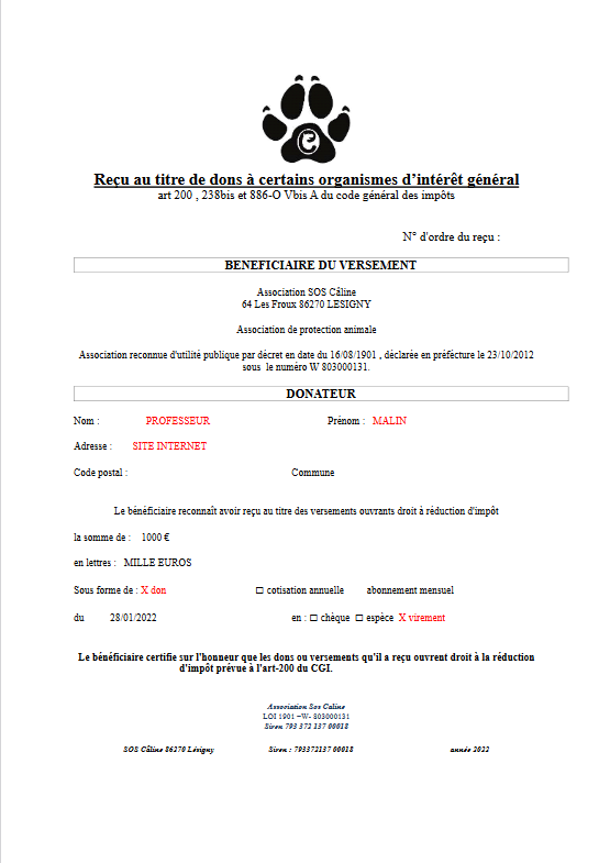 Attestation de don — Association SOS Caline