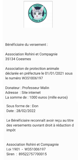 Attestation de don — Rohini et Compagnie